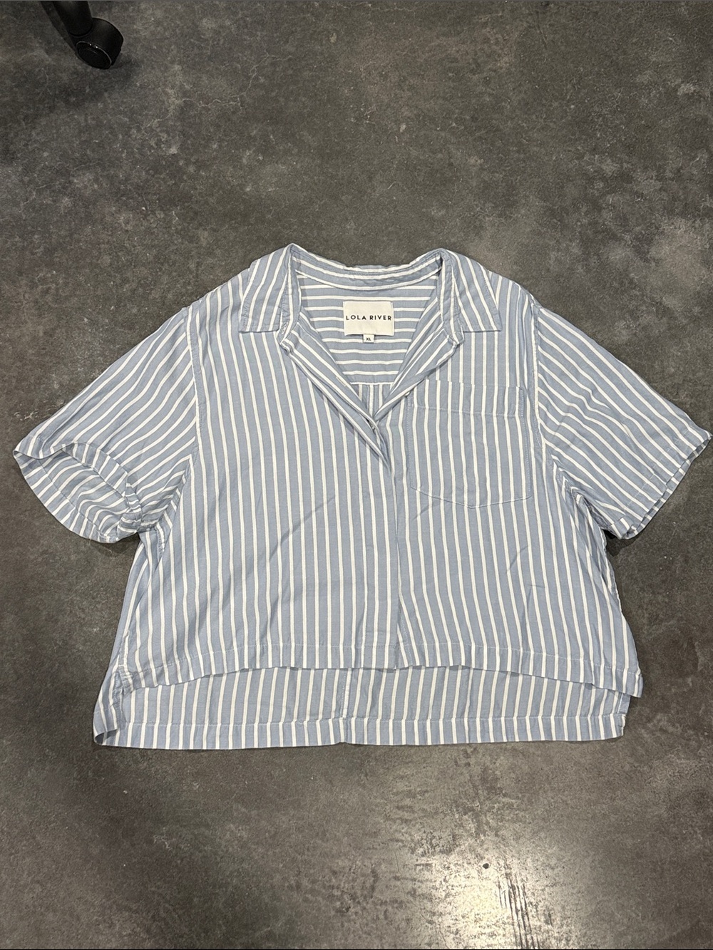 Lola River Blue & White Striped Short Sleeve Button Down Top
